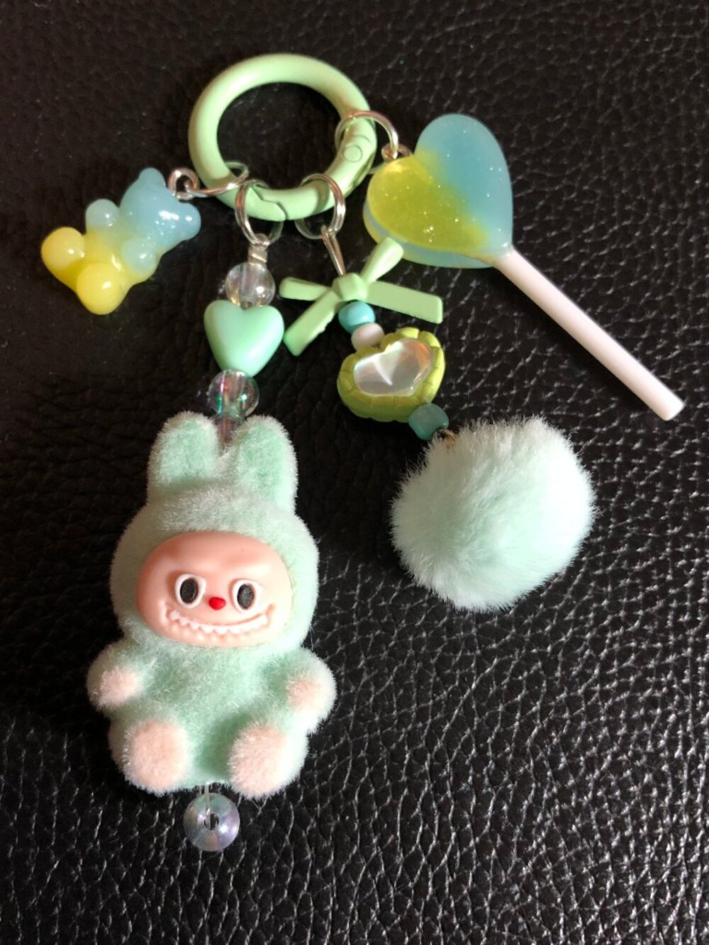 Custom Labubu Keychain MINT GREEN Flocked Fuzzy +Resin Candy Charms 3"